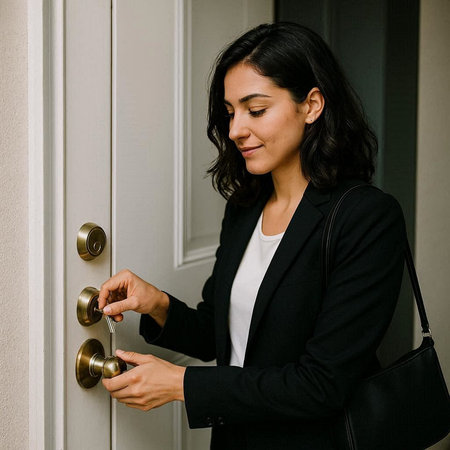 Beautiful businesswoman opening a door at home. Business concept.