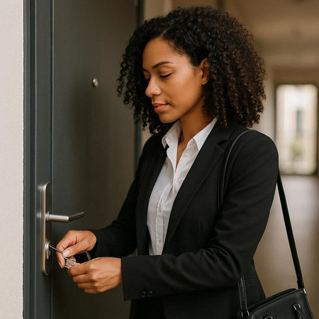 Portrait of a young african american businesswoman opening door at officeの写真素材