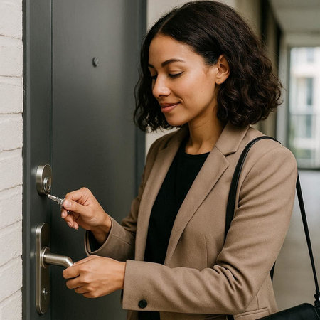 smiling young businesswoman opening door with key and looking at it