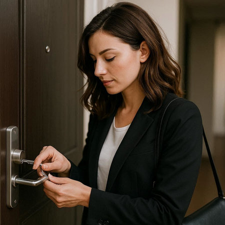 Young businesswoman opening the elevator door with a key in her hand