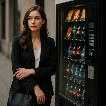 Portrait of a beautiful young brunette woman in a black suit standing near a vending machine.