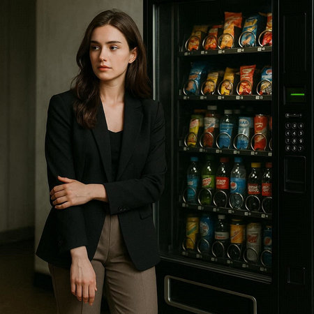 Young beautiful woman in a business suit standing near the vending machine.