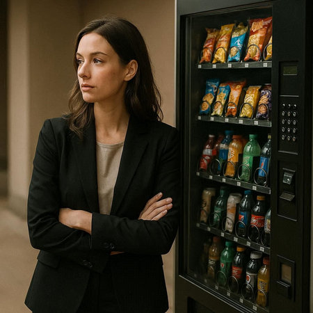 Young woman in a business suit standing in front of a vending machine and looking away