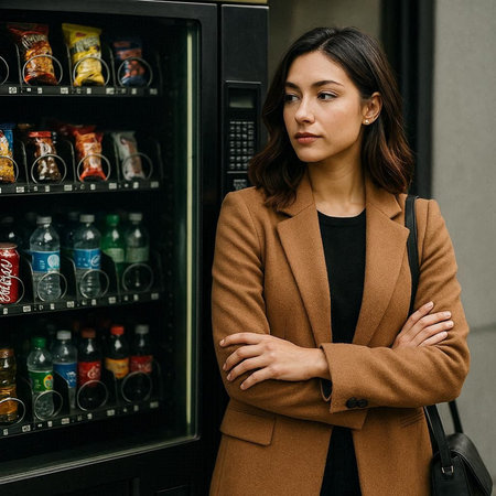 attractive young woman in coat looking away while standing near vending machine