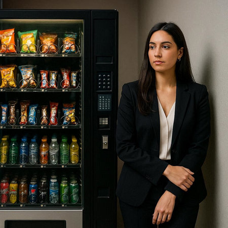 Young businesswoman standing next to a vending machine with a lot of drinks