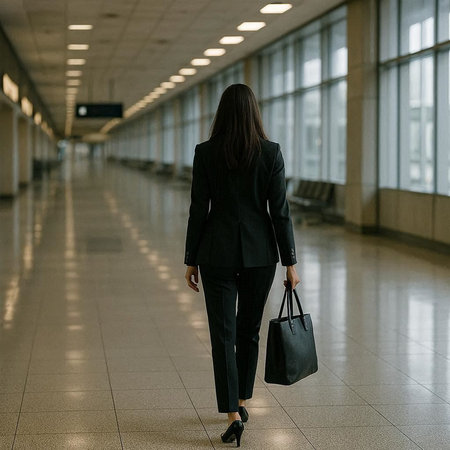 Businesswoman with a briefcase walking in the corridor of the airportの写真素材