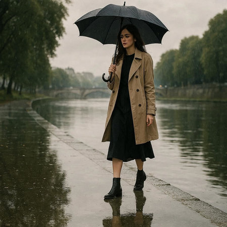 Beautiful brunette girl in a raincoat and umbrella in the rainの写真素材