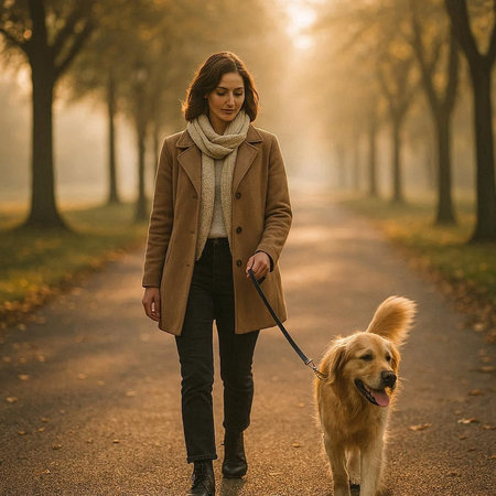 Beautiful young woman walking with her golden retriever dog in autumn parkの写真素材