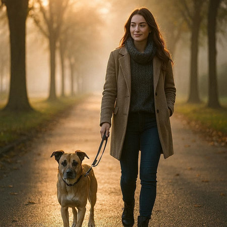Beautiful young woman walking with her dog in the park at sunsetの写真素材