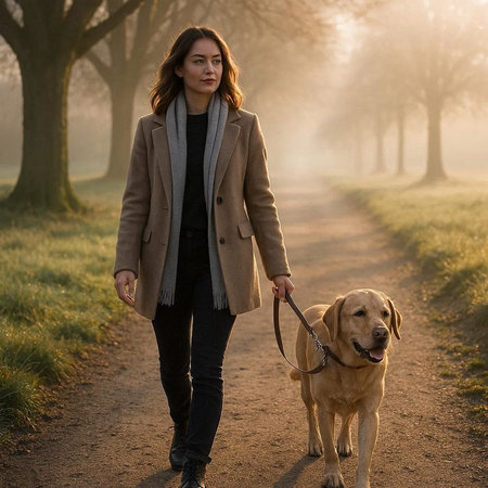 Woman walking with her labrador retriever dog in a foggy park