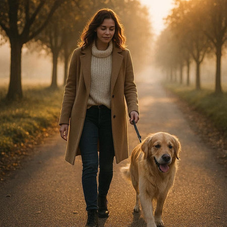Beautiful young woman with golden retriever dog walking in autumn parkの写真素材