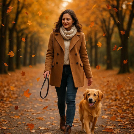 Young woman walking with her golden retriever dog in autumn park.の写真素材