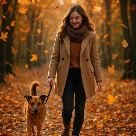 Beautiful young woman walking with her dog in the autumn park.の写真素材