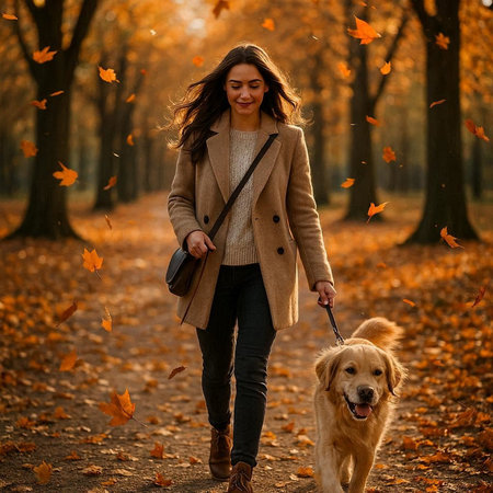 Beautiful young woman walking with her dog in the autumn park.の写真素材