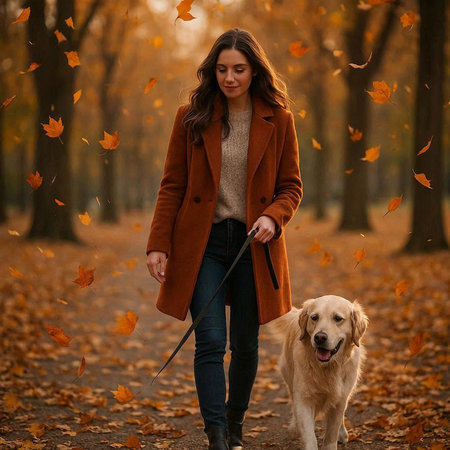Beautiful young woman walking with her dog in the autumn park.の写真素材