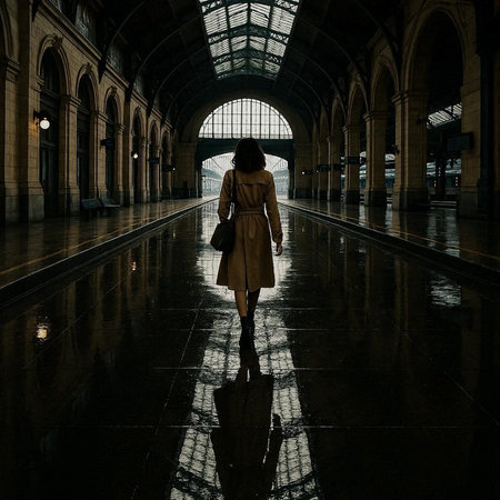 Silhouette of a woman walking in an underground passage at nightの写真素材