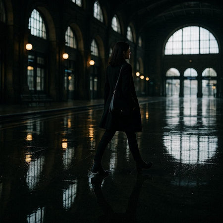Young woman walking in the rain at the train station. Back view.の写真素材
