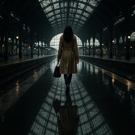 Silhouette of a woman walking in a train station at night