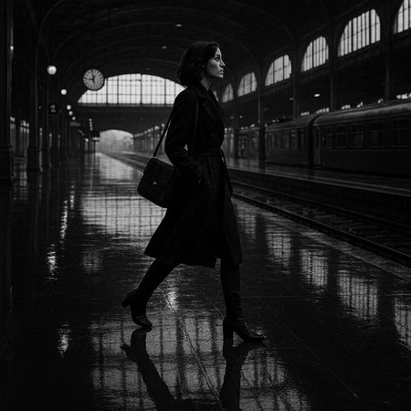 Black and white portrait of a young woman in a long coat on the platform of a train stationの写真素材