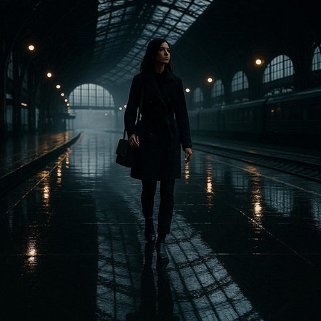 A young woman in a black coat is walking on the platform of a railway station.