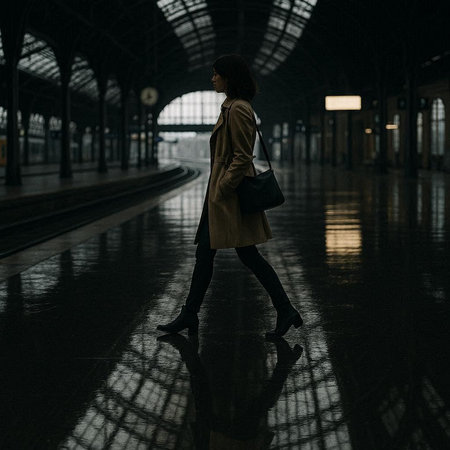 Silhouette of a young woman walking in the train station.