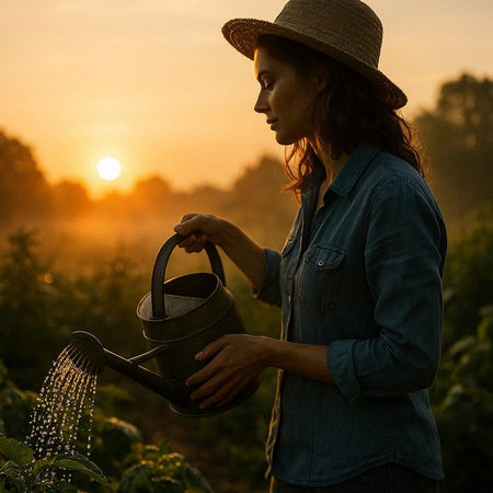 Young woman watering plants in her garden at sunset. Selective focus.の写真素材