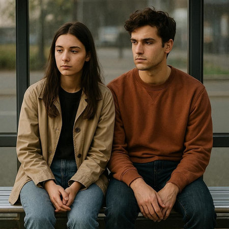Sad young couple sitting on a bench in the street and looking away