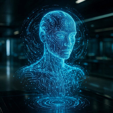 Digital cyborg hologram with human head. Artificial intelligence concept. 3D Rendering