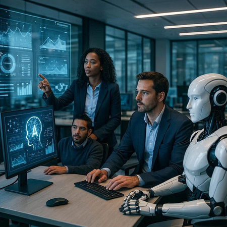multiethnic team of software developers working together on computers in office