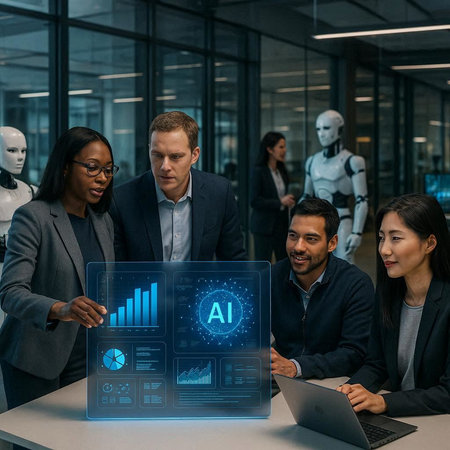 high angle view of multicultural businesspeople working with laptop in modern office