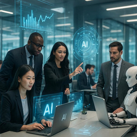 Group of business people working together in modern office with AI hologram. Concept of artificial...