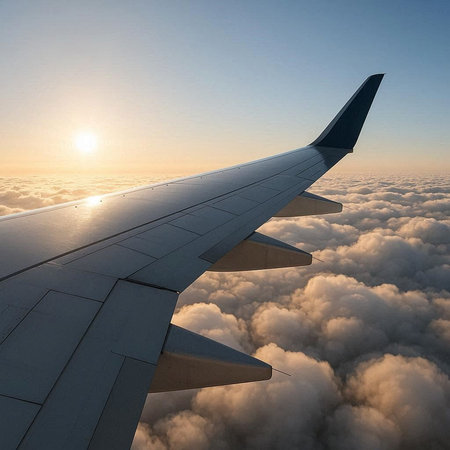 Wing of an airplane flying above the clouds at sunset. 3d render
