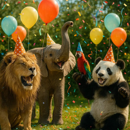 Lion, panda and parrot at a birthday party.