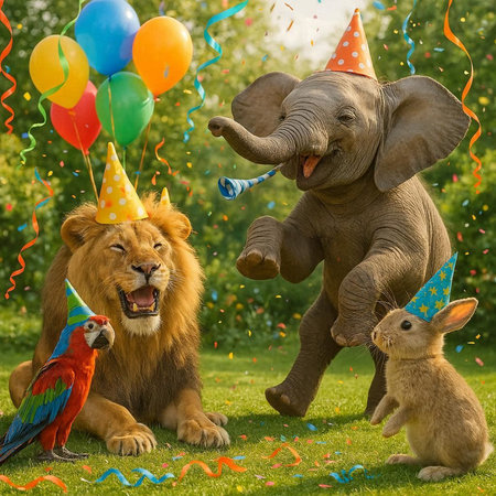 Elephant and lion in the garden with balloons and ribbons.