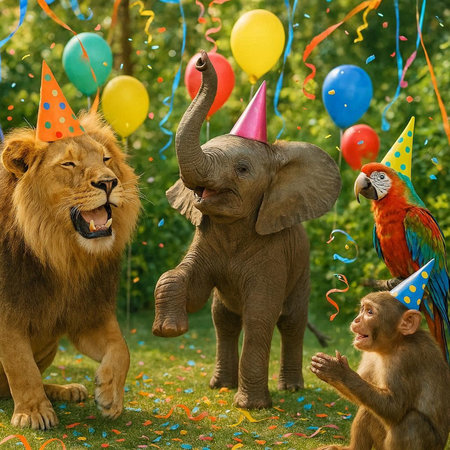 Lion, parrot and parrot in a birthday party.