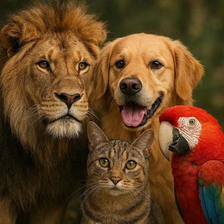 Lion, cat and dog in front of a brown background.