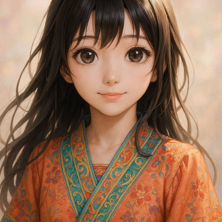 Portrait of a beautiful Asian girl with long hair in traditional clothes