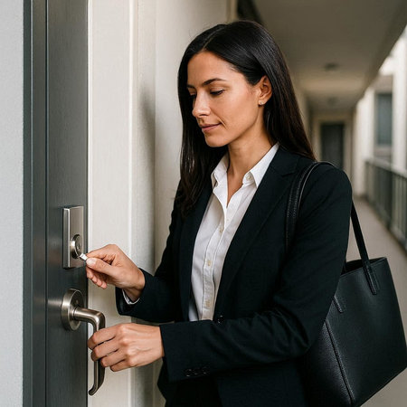 Young business woman opening the door of a modern office building. Business concept.