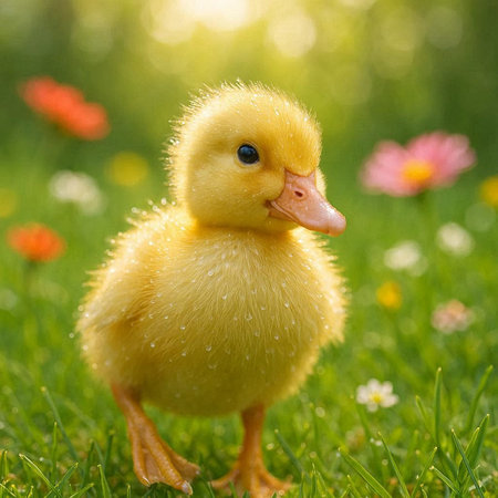 Cute yellow duckling on the grass with flowers in the backgroundの写真素材