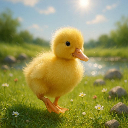 Cute yellow duckling standing on green grass in sunny day.