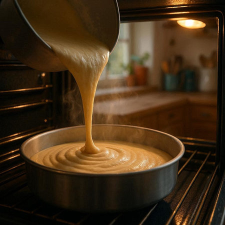 Pouring condensed milk into a baking pan in the oven. Selective focus.