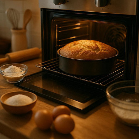 Baking homemade bread in the oven with eggs and flour on the table
