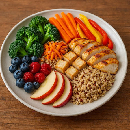 Healthy lunch bowl with quinoa, chicken fillet, vegetables and fruit