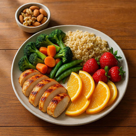 Chicken breast with vegetables, fruit and quinoa on wooden background.の写真素材