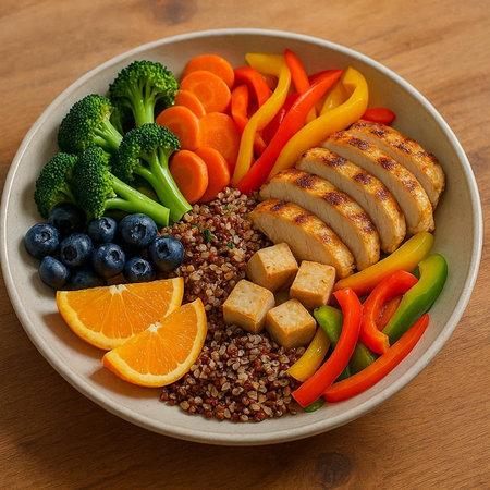 Bowl of quinoa with chicken and vegetables on a wooden table