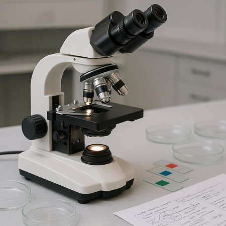 Microscope and test tubes on table in laboratory. Science and education conceptの写真素材