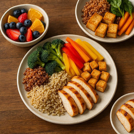 Healthy lunch bowl with rice, vegetables and chicken on wooden table