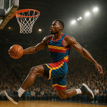 basketball game sport player in action isolated on black background with spotlights