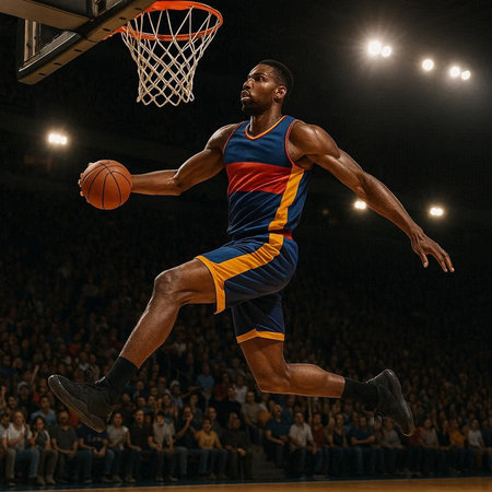 Full length portrait of a basketball player jumping while playing basketball in a stadium