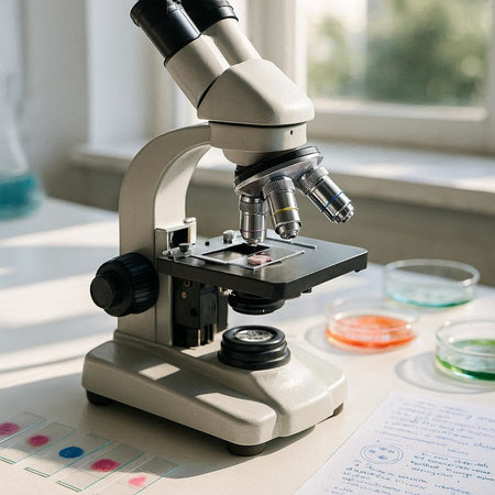 Microscope in a laboratory. Scientific research and development concept. Medical background